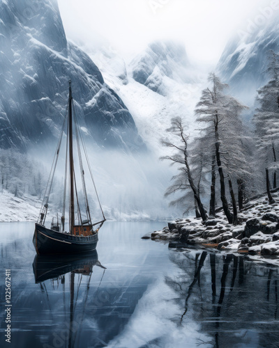 Obraz na płótnie Altes Holzschiff, Wikingerboot in einem Fjord, umgeben von Bergen, Generative AI w salonie