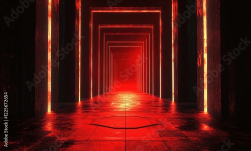 3D render, abstract background with black hexagons and red light glowing from the bottom