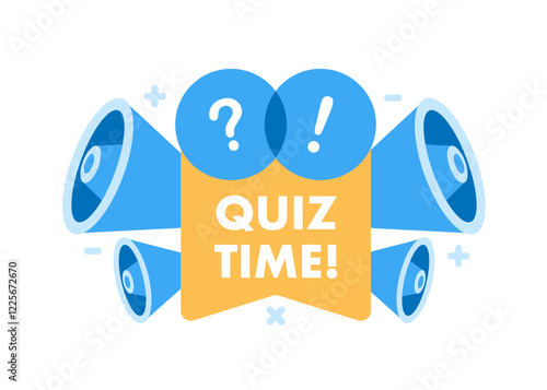 Quiz time megaphones question exclamation flat. Expressive emblem geometric element. Blue and orange.