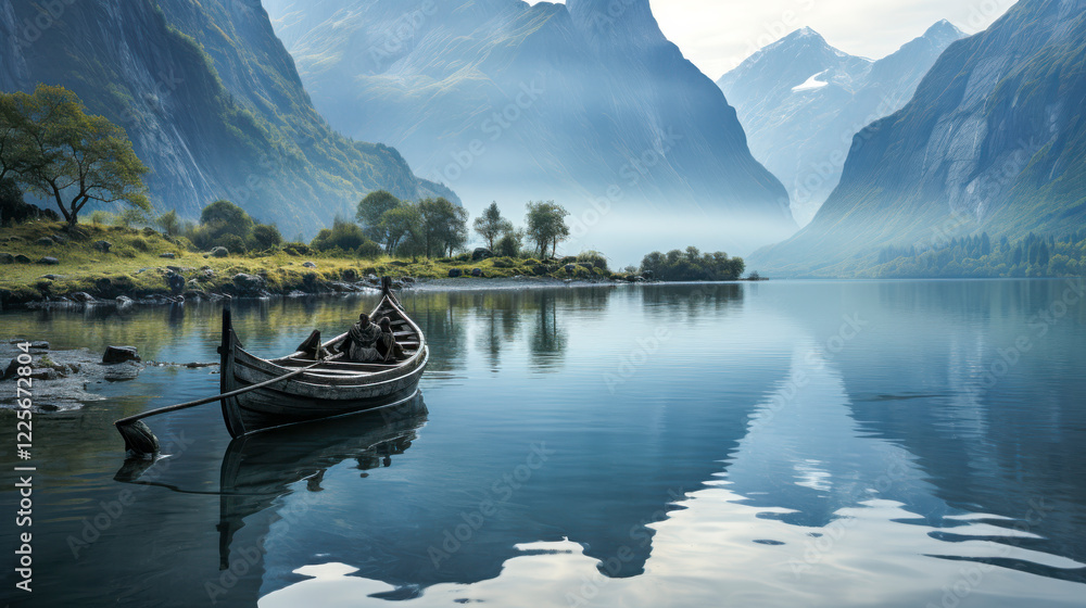 Altes Holzschiff, Wikingerboot in einem Fjord, umgeben von Bergen, Generative AI