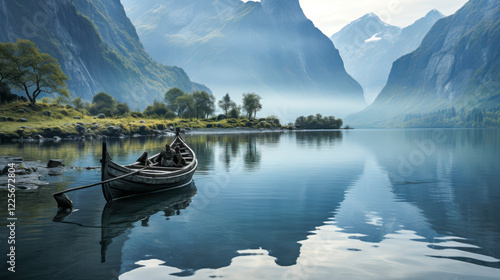 Obraz na płótnie Altes Holzschiff, Wikingerboot in einem Fjord, umgeben von Bergen, Generative AI w salonie