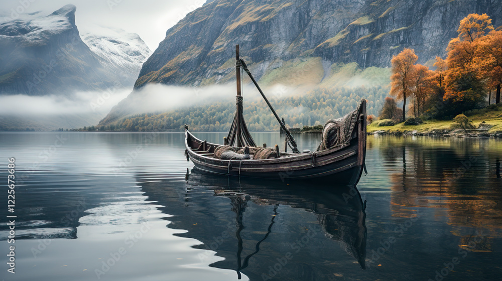 Altes Holzschiff, Wikingerboot in einem Fjord, umgeben von Bergen, Generative AI