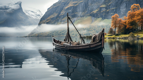 Obraz na płótnie Altes Holzschiff, Wikingerboot in einem Fjord, umgeben von Bergen, Generative AI w salonie