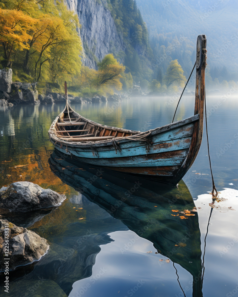 Altes Holzschiff, Wikingerboot in einem Fjord, umgeben von Bergen, Generative AI