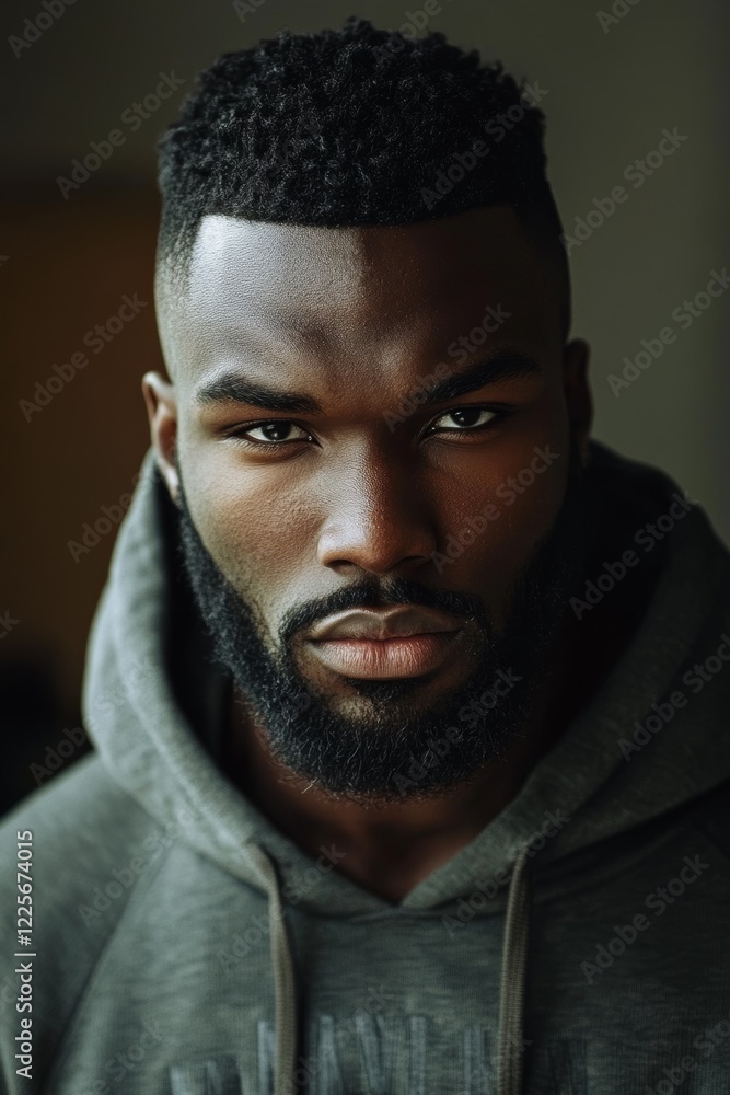 Close-up of a confident man gazing intensely, wearing a hoodie, capturing strength and focus in a moody setting. Close-up of a confident man gazing intensely, wearing a hoodie, capturing strength and focus in a moody setting.