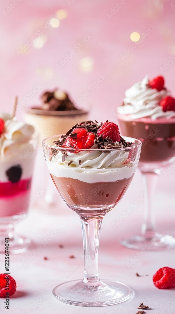 Indulgent raspberry and chocolate mousse topped with whipped cream in elegant glassware against a soft pink background. Indulgent raspberry and chocolate mousse topped with whipped cream in elegant glassware against a soft pink background.