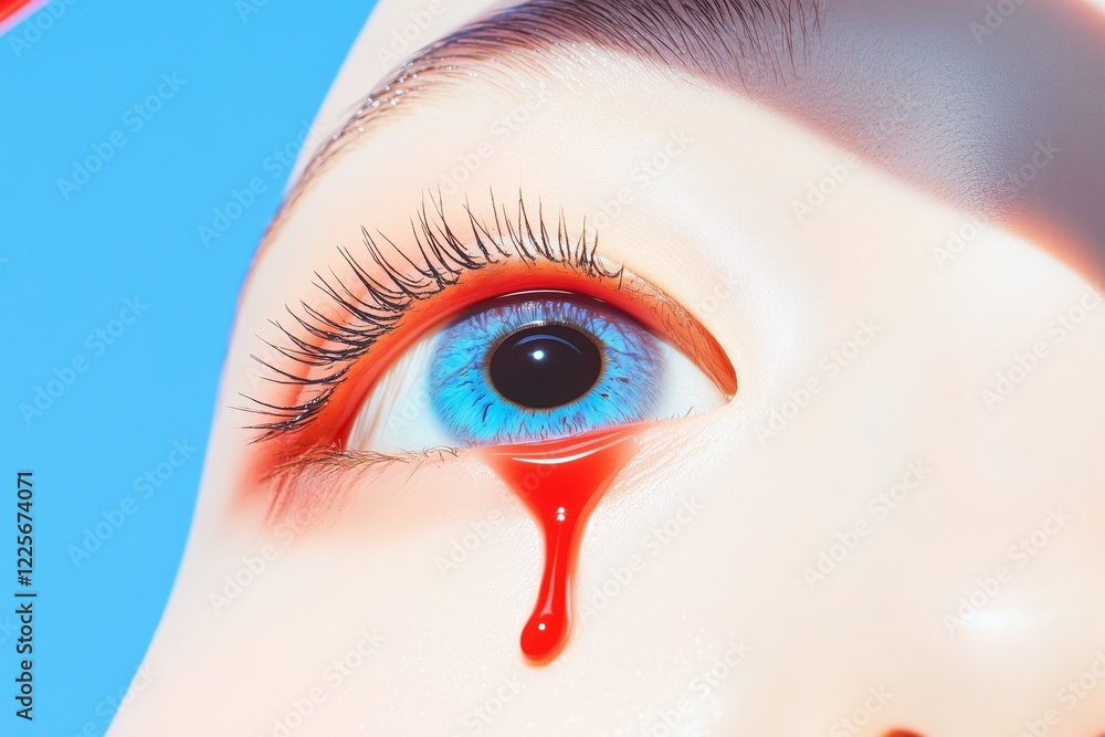 Fototapeta premium A detailed image of a blue eye shedding a dramatic red tear against a vibrant blue background, evoking emotion.