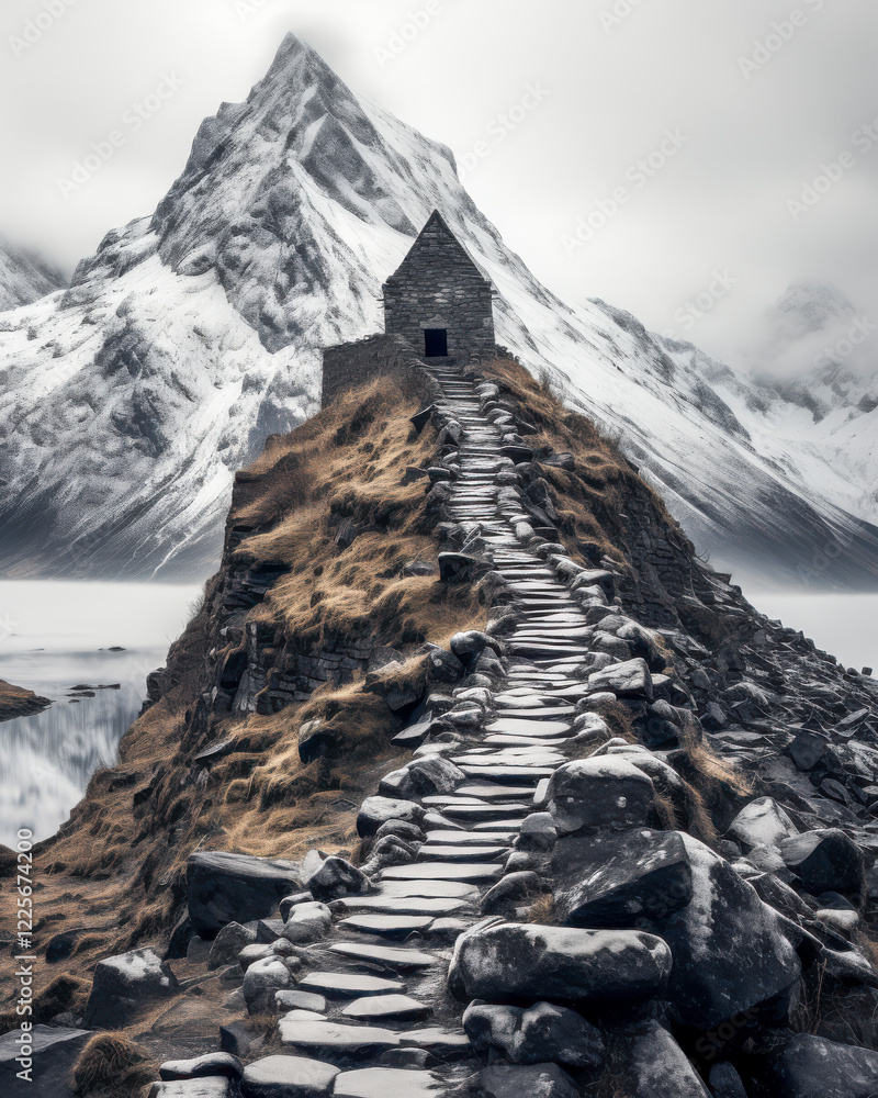 Mit Steinen gepflasterter Weg zu einem Haus aus Steinen auf einem Berg, umgeben von Bergen, Generative AI