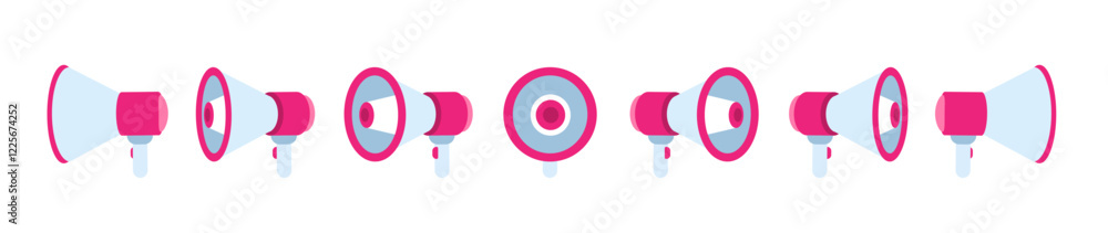 Megaphone front, side icons. Different angles, white and red flat. Megaphone front, side icons. Different angles, white and red flat.