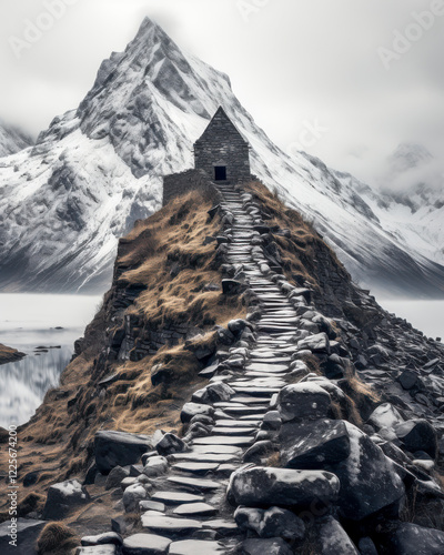 Obraz na płótnie Mit Steinen gepflasterter Weg zu einem Haus aus Steinen auf einem Berg, umgeben von Bergen, Generative AI w salonie