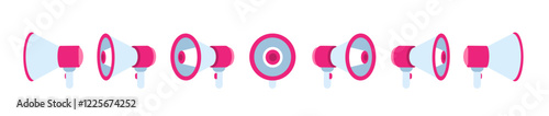 Megaphone front,  side icons. Different angles, white and red flat.