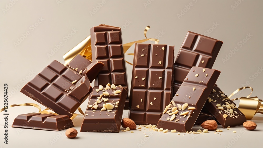 Swiss milk chocolate bars with a creamy texture, adorned with nuts. Their golden-brown sheen exudes luxury, with wisps of gold wrapping for a refined touch. Swiss milk chocolate bars with a creamy texture, adorned with nuts. Their golden-brown sheen exudes luxury, with wisps of gold wrapping for a refined touch.
