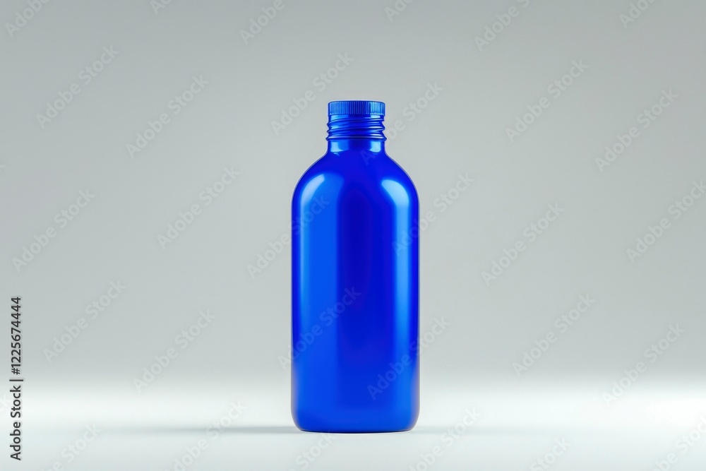 A single blue bottle stands on a white background A single blue bottle stands on a white background