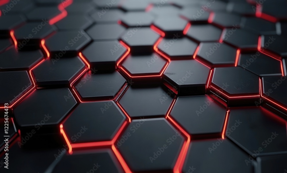 3D render, an abstract black and red background with hexagonal patterns 3D render, an abstract black and red background with hexagonal patterns