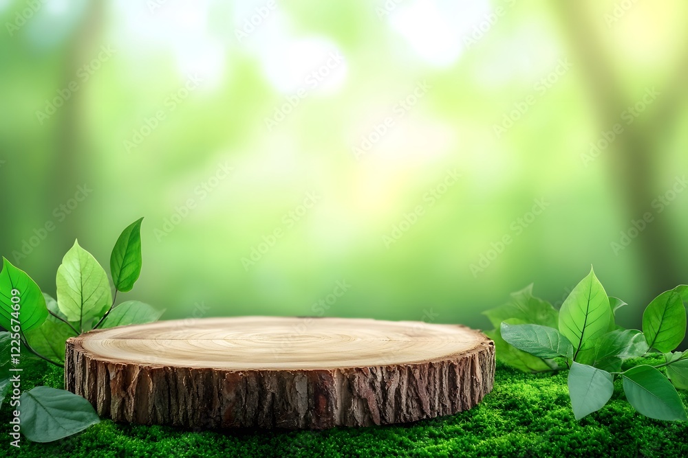 Wooden Tree Slice on Moss with Green Background, Nature Product Display Wooden Tree Slice on Moss with Green Background, Nature Product Display