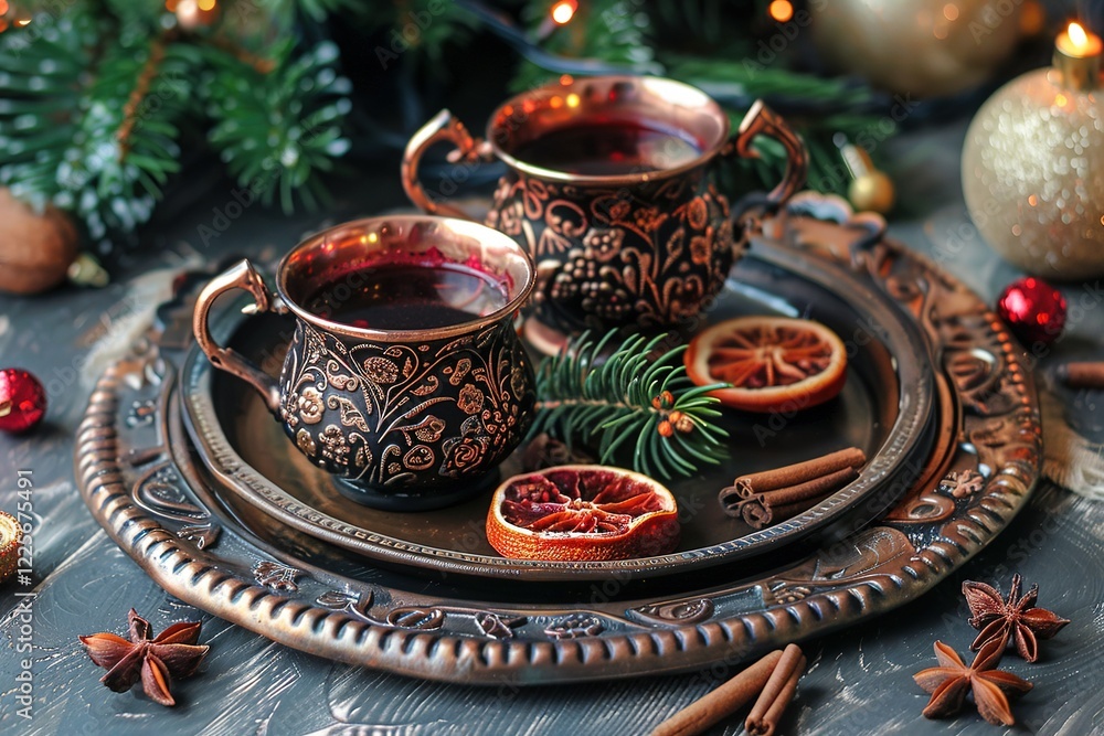 Fototapeta premium Tray with traditional Christmas fruity mulled wine
