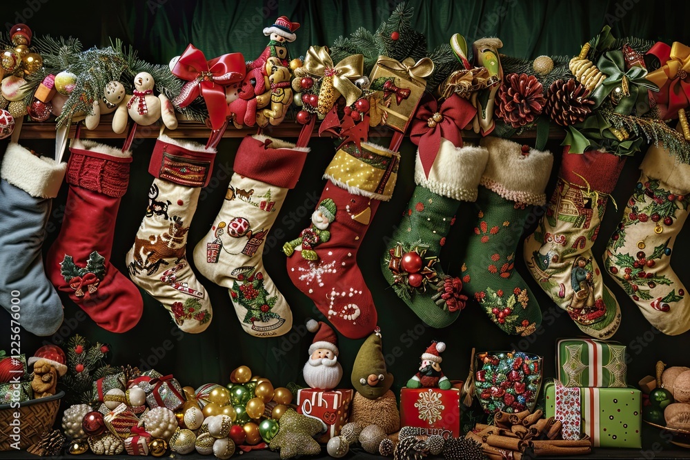 Fototapeta premium Christmas sock filled with toys and treats , winter holidays, Christmas decor and festive atmosphere