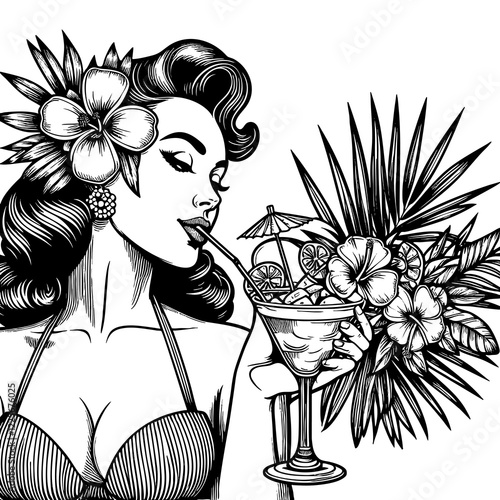woman with retro hair, flower in her hair and sipping a tropical cocktail, surrounded by lush hibiscus flowers and palm leaves sketch engraving generative ai PNG. Scratch board. Black and white.