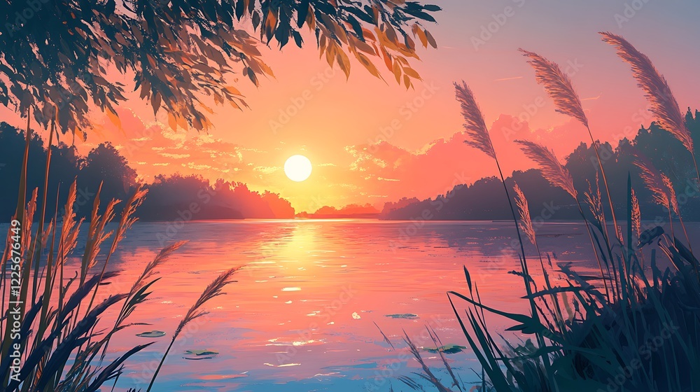 Obraz premium A peaceful riverbank with reeds swaying in the breeze and the reflection of the sunset on the water