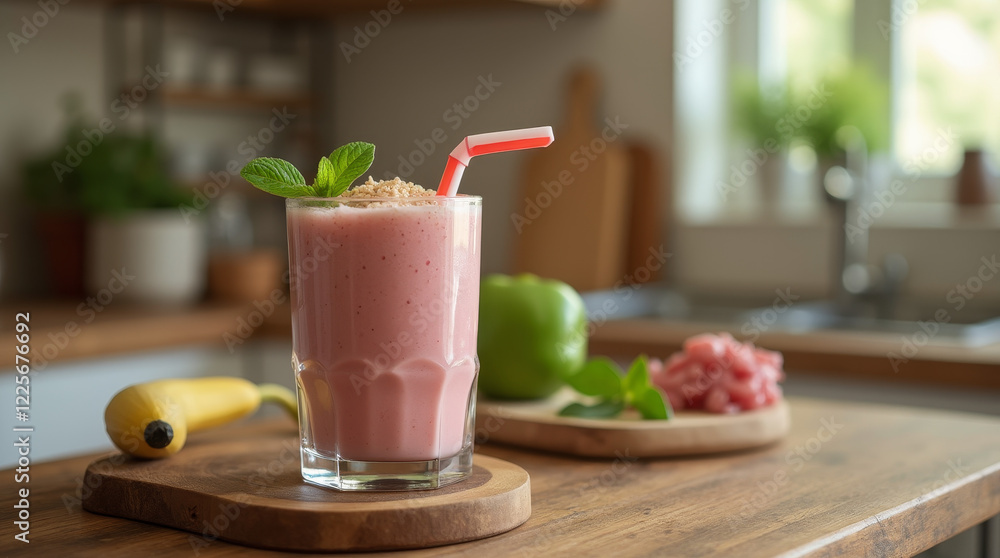 Creamy Strawberry Smoothie with a Mint Garnish on a Rustic Wooden Table