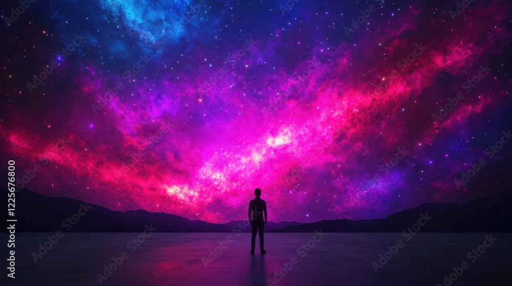 A person stands in awe beneath a vibrant, cosmic sky filled with colorful stars and nebulae, creating a sense of wonder and exploration. A person stands in awe beneath a vibrant, cosmic sky filled with colorful stars and nebulae, creating a sense of wonder and exploration.