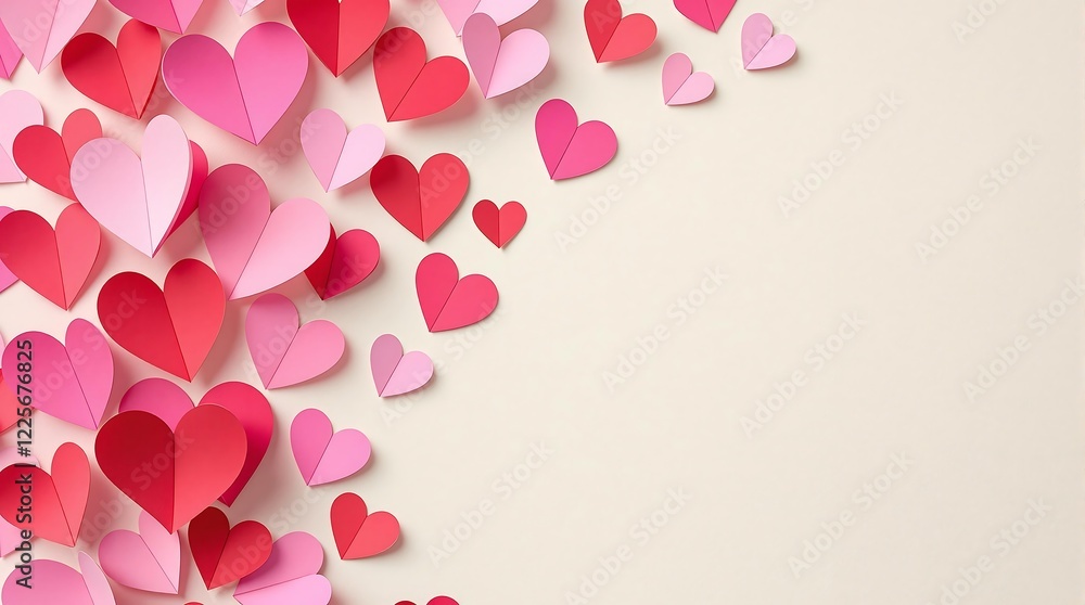 Hand-Cut Pink and Red Paper Hearts on Cream Textured Backdrop Hand-Cut Pink and Red Paper Hearts on Cream Textured Backdrop