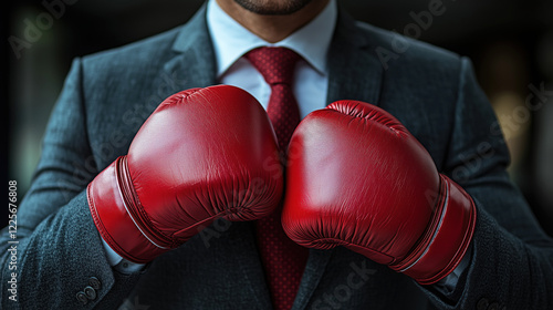 Businessman wearing boxing gloves ready to fight