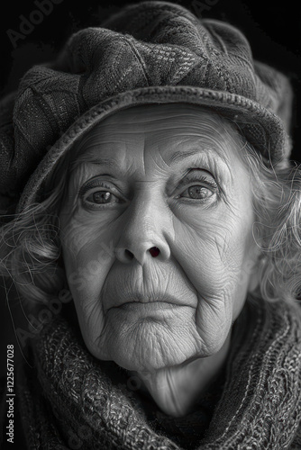 Porträt einer älteren Frau mit einer Mütze in den 70ern, mit einem Schal, SW Aufnahme, Generative AI