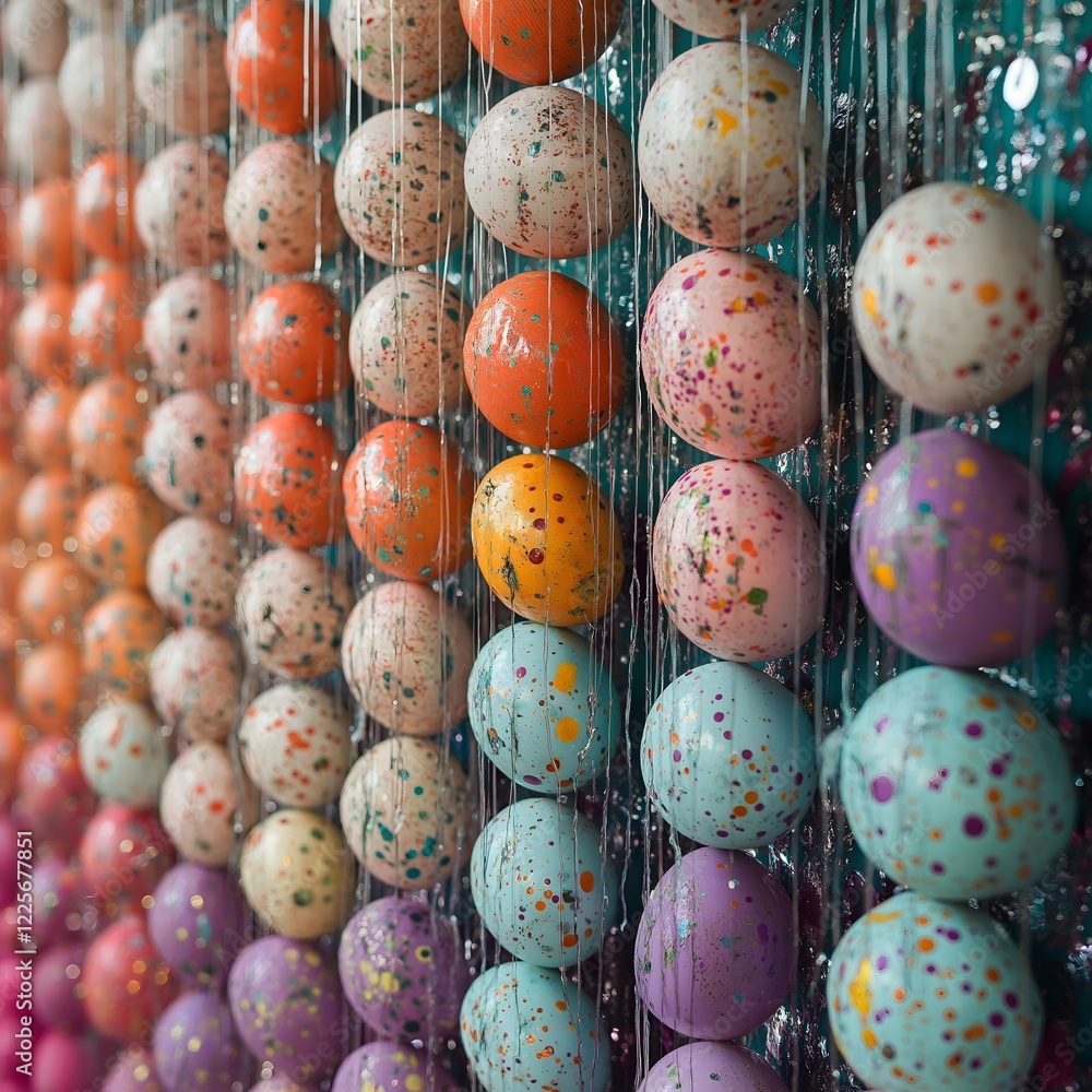 Rainbow Speckled Eggs: A vibrant, colorful array of speckled Easter eggs in various pastel shades hanging in a cascade, creating a delightful and festive backdrop. Rainbow Speckled Eggs: A vibrant, colorful array of speckled Easter eggs in various pastel shades hanging in a cascade, creating a delightful and festive backdrop.