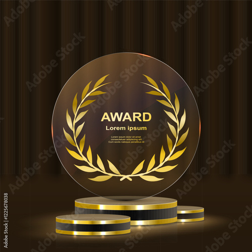 Realistic award. Winning medal. Glass 3D mockup. Acrylic design of first place prize. Silver or golden certificate. Competition trophy. Victory nominations. Vector exact elements set