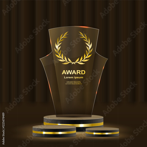 Golden award ceremony stage featuring glowing stars, luxurious laurel wreaths, and elegant gold ribbons. 3D realistic vector illustration showcasing a grand podium with glittering lights, light smoke,