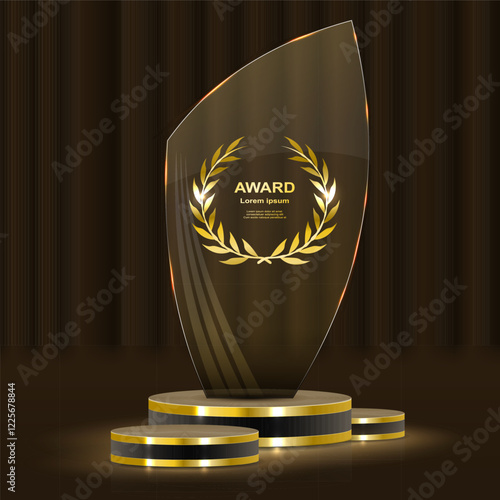 Set of glass award trophy with laurel wreath. Transparent prize template with golden laurel branches. Winner first place concept. Vector illustration.