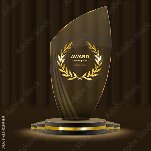 Glass award trophy set. Transparent prize template. Winner first place concept. Vector illustration. Winner glass trophy. First place award, crystal prize and signed acrylic trophies.