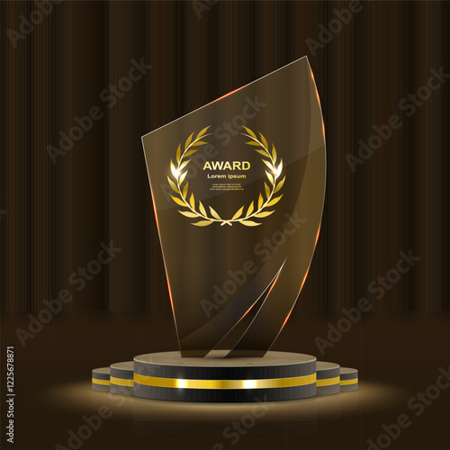 Glass award trophy set. Transparent prize template. Winner first place concept. Vector illustration. Winner glass trophy. First place award, crystal prize and signed acrylic trophies.
