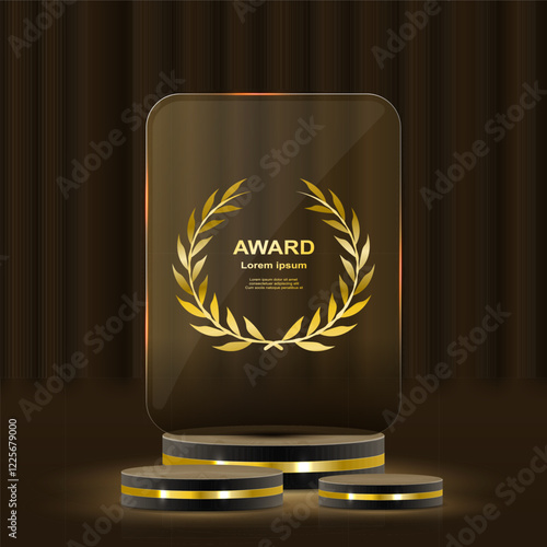 Set of glass award trophy with laurel wreath. Transparent prize template with golden laurel branches. Winner first place concept. Vector illustration.