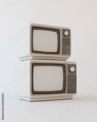 Two stacked vintage televisions with a cream-colored body and black dials against a minimal white background, retro media and technology nostalgia concept photo