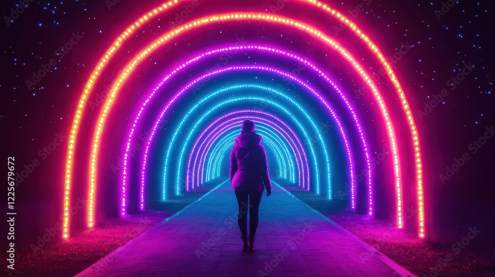 A person walks through a vibrant, illuminated tunnel with colorful, glowing arches under a starry sky. A person walks through a vibrant, illuminated tunnel with colorful, glowing arches under a starry sky.