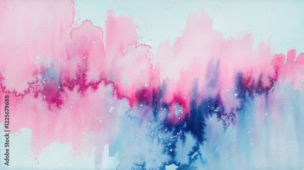 Obraz premium Abstract watercolor painting featuring a blend of pink and blue hues, creating a dreamy, ethereal atmosphere with fluid brush strokes and soft textures.