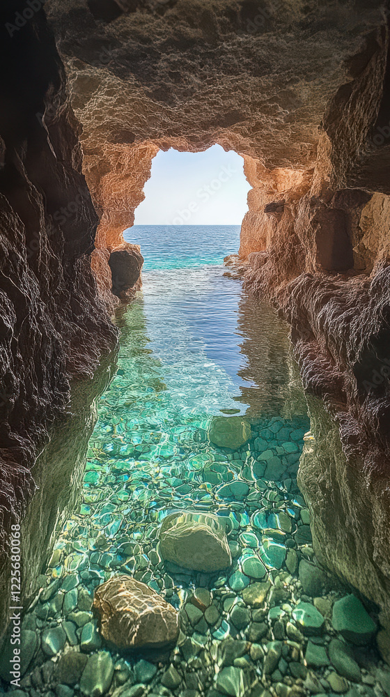 Licht scheint in eine Felsenhöhle an der Küste der Algarve, Portugal, Generative AI