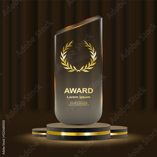 Set of glass award trophy with laurel wreath. Transparent prize template with golden laurel branches. Winner first place concept. Vector illustration.