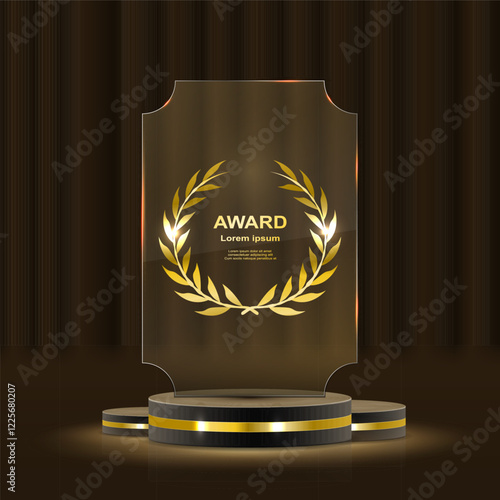 Set of glass award trophy with laurel wreath. Transparent prize template with golden laurel branches. Winner first place concept. Vector illustration.