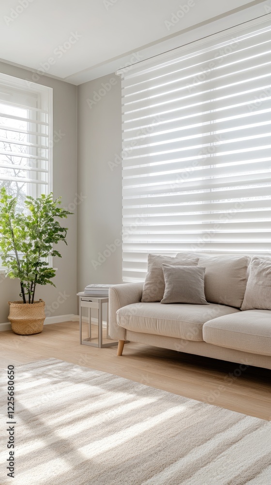 Fototapeta premium Bright and inviting living room showcases a light color palette with plush sofas and decorative cushions. A round coffee table rests on a textured rug, enhancing the cozy atmosphere.