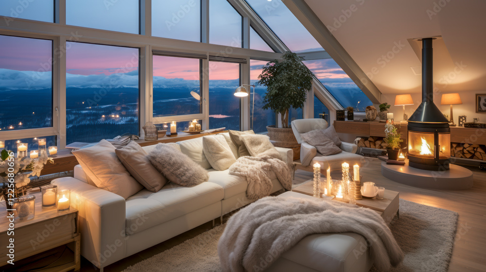 Penthouse in den Bergen mit gemütlicher Einrichtung, Kaminofen und hellen Polstermöbeln, Generative AI