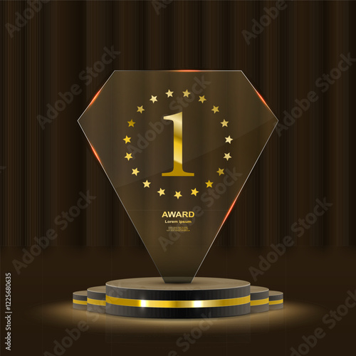 Set of glass award trophy with laurel wreath. Transparent prize template with golden laurel branches. Winner first place concept. Vector illustration.