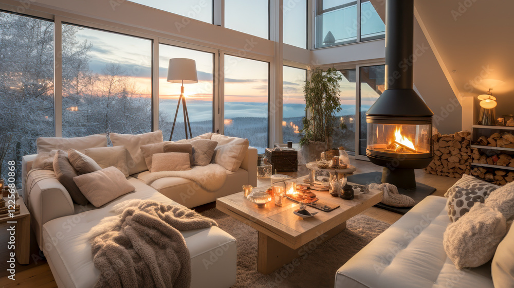 Penthouse in den Bergen mit gemütlicher Einrichtung, Kaminofen und hellen Polstermöbeln, Generative AI