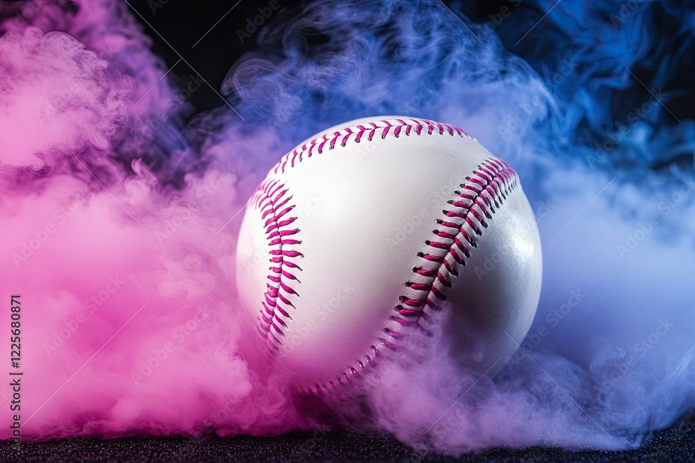 A white baseball sits amidst a cloud of red vape smoke, set against a black background A white baseball sits amidst a cloud of red vape smoke, set against a black background