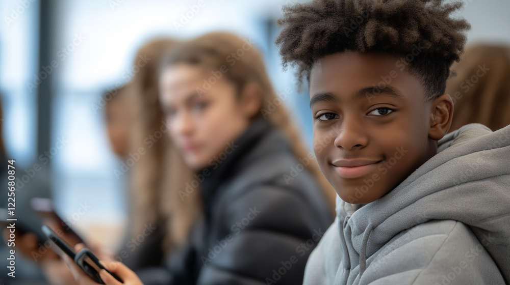 Smiling young boy in a classroom setting looking at the camera, casual hoodie and positive expression, student learning and education concept Smiling young boy in a classroom setting looking at the camera, casual hoodie and positive expression, student learning and education concept