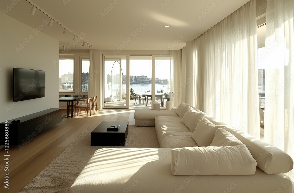 Minimalist living room white walls light wood floors modern sofa TV on black cabinet sheer curtains