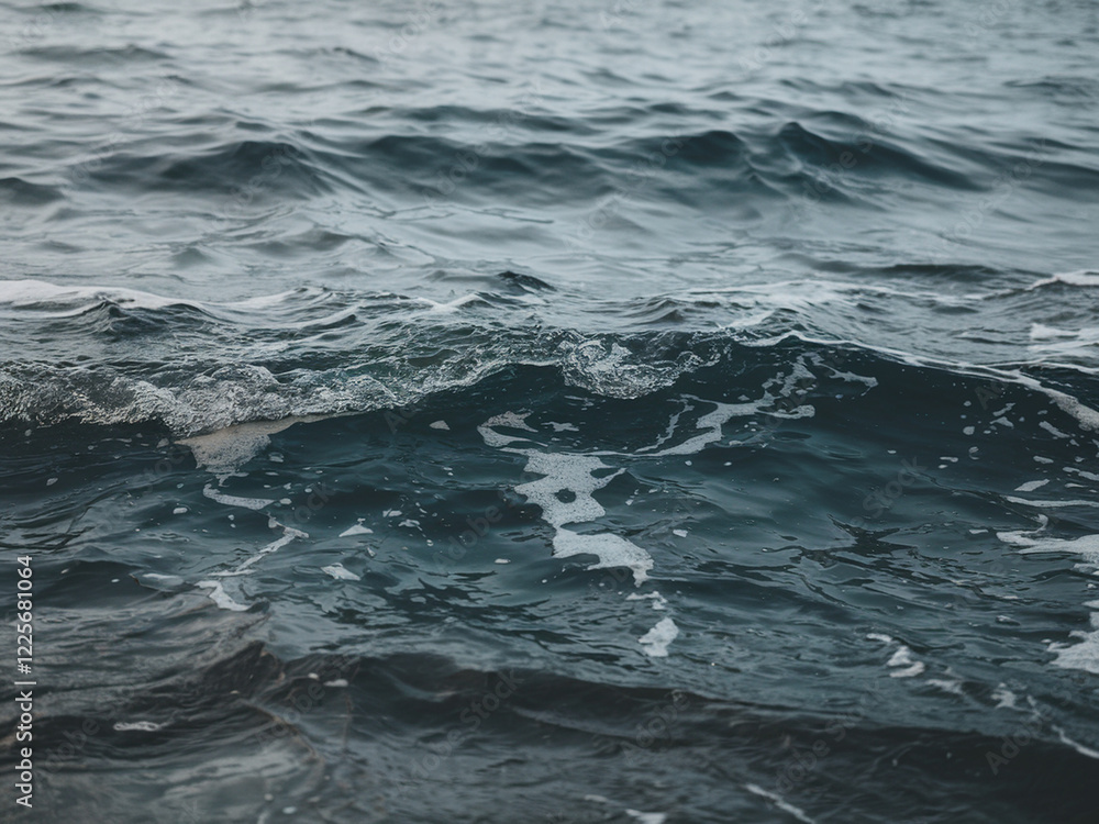Close-up of the ocean's surface under a cloudy sky, featuring deep gray-blue waves with silvery reflections. White foam accents the dynamic water, blending shadowed depths Close-up of the ocean's surface under a cloudy sky, featuring deep gray-blue waves with silvery reflections. White foam accents the dynamic water, blending shadowed depths