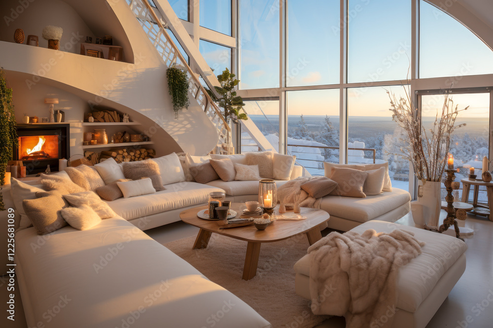 Penthouse in den Bergen mit gemütlicher Einrichtung, Kaminofen und hellen Polstermöbeln, Generative AI